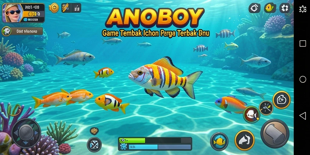 Tampilan gameplay ANOBOY dengan aksi Tembak Ikan yang seru.
