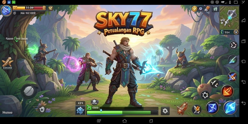 Tampilan gameplay SKY77 dengan karakter beraksi di medan pertempuran RPG.